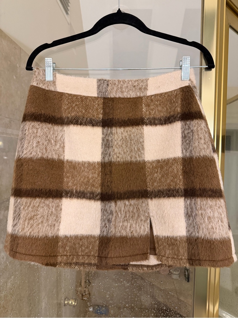 Francesca's Collections Brown and Cream Plaid Mini Skirt
